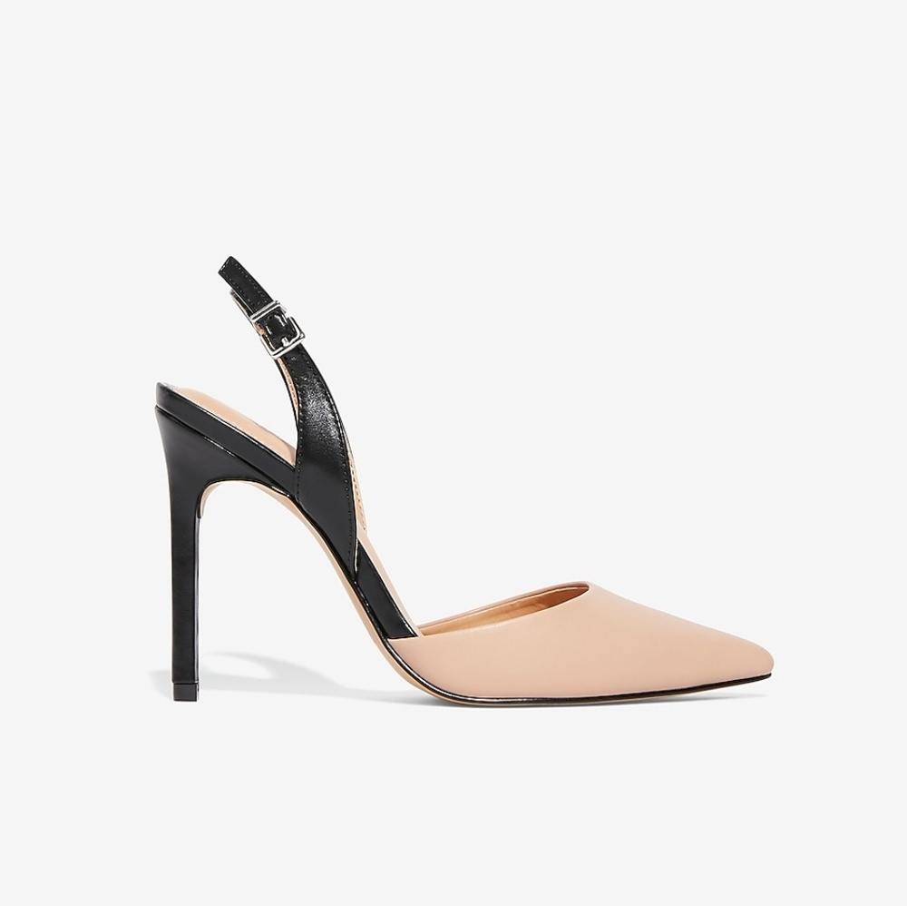 heels, sling back, patent leather beige and black